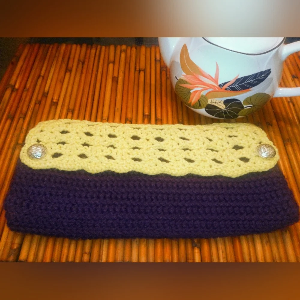 Handcrafted Crochet Clutch in Purple & Yellow with Pearlized Bead Buttons
